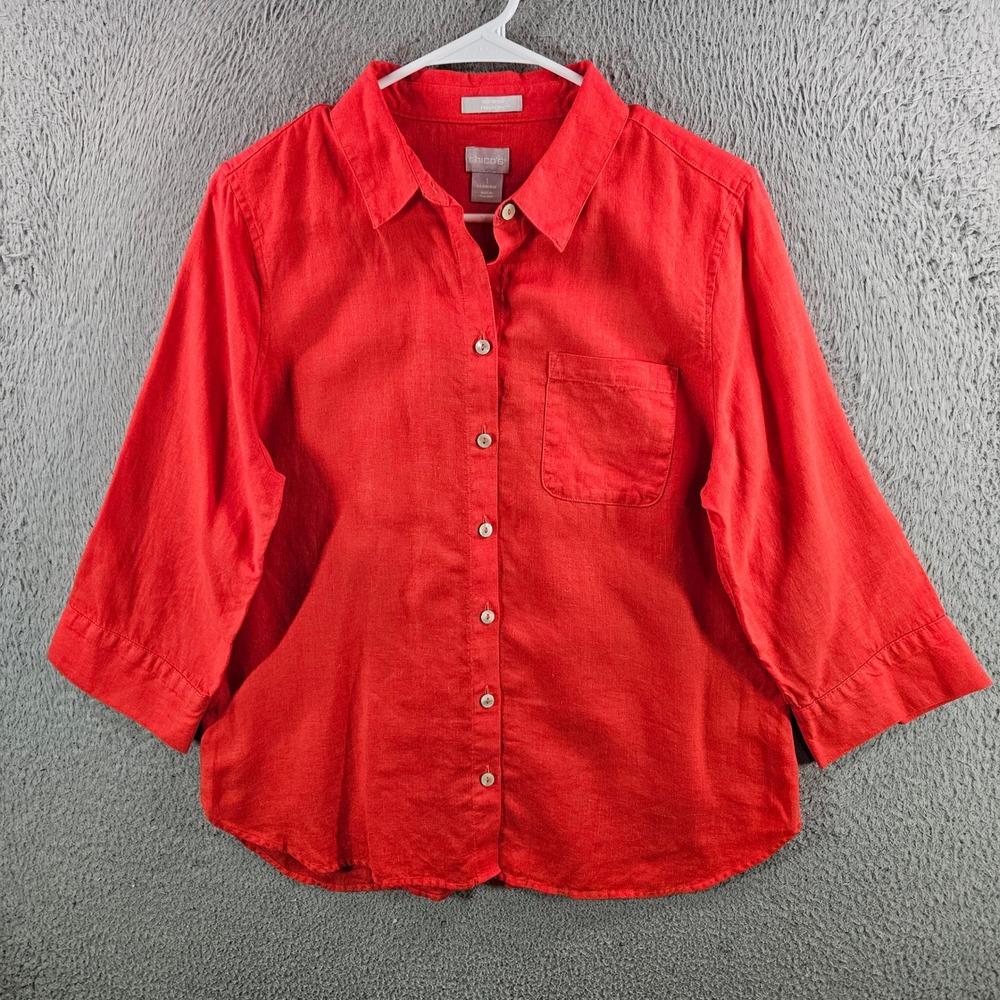 Chicos No-Iron FreshChic Red Linen Button Up Shirt Womens 1 US 8/10 3/4 Sleeve